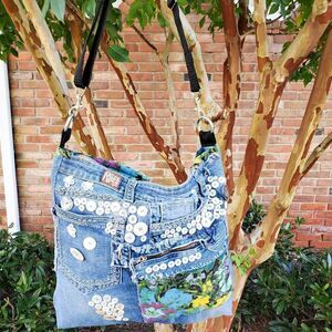 Handmade Recycled Denim Button Detail Gypsy Boho Crossbody Bag.